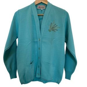 Vintage Pitlochry Blue Retro V Neck Embroidered Flower Button Down Cardigan S